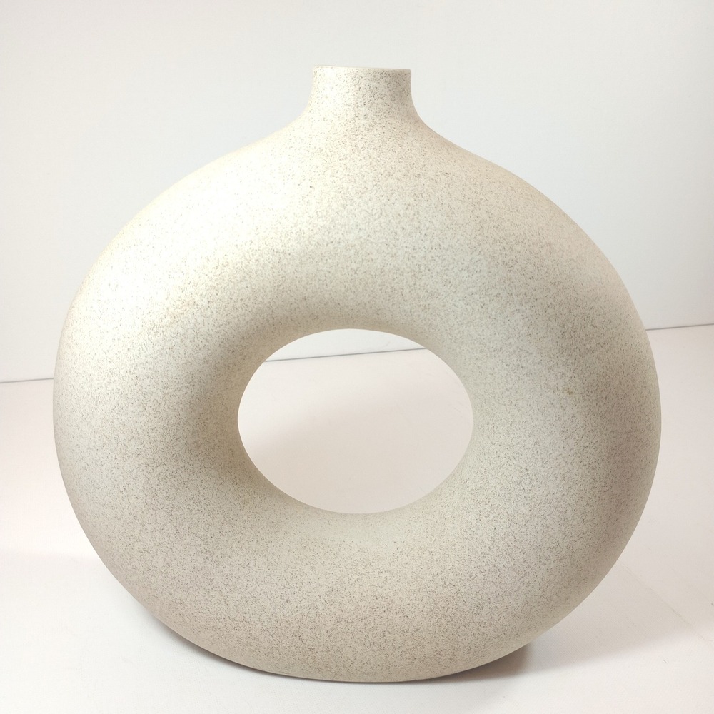 Modern Japandi Ceramic Donut Vase Beige Textured Round Floral Statement Decor